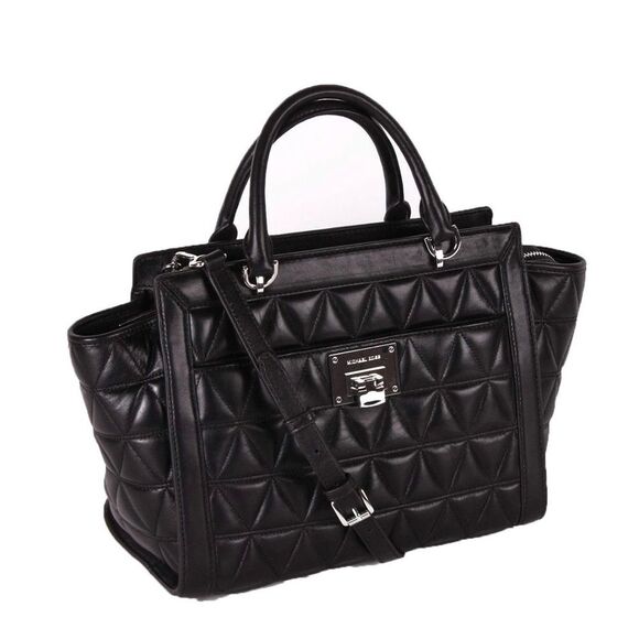 Michael Kors Vivianne Black Quilted Leather Large Top Zip Satchel Bag - Picture 2 of 8